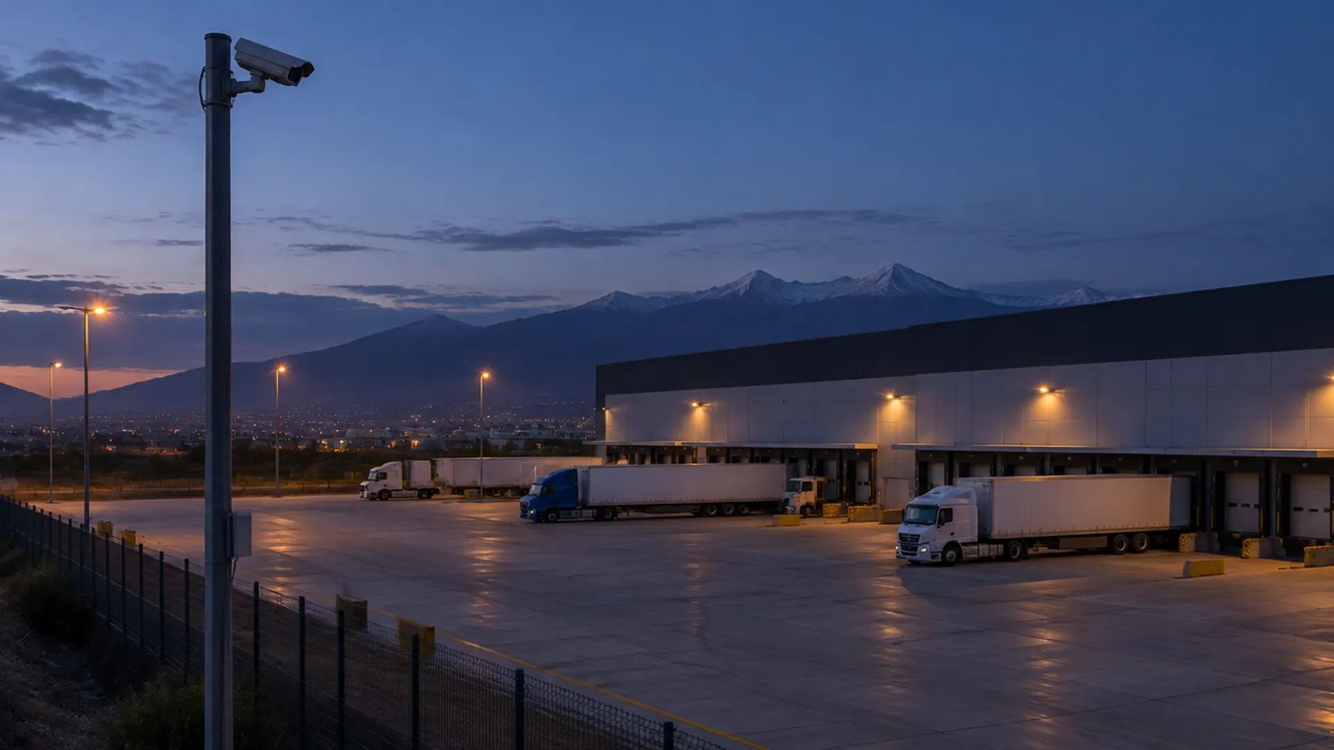 Centro logístico al anochecer, con andenes, camiones y una cámara de seguridad en un poste; la cordillera al fondo.