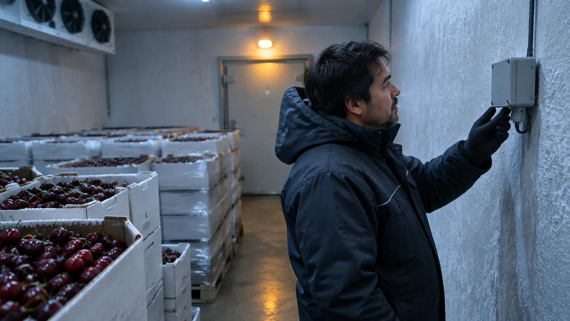 Técnico con chaqueta térmica revisa un sensor en la pared de una cámara de frío con cajas de cerezas.