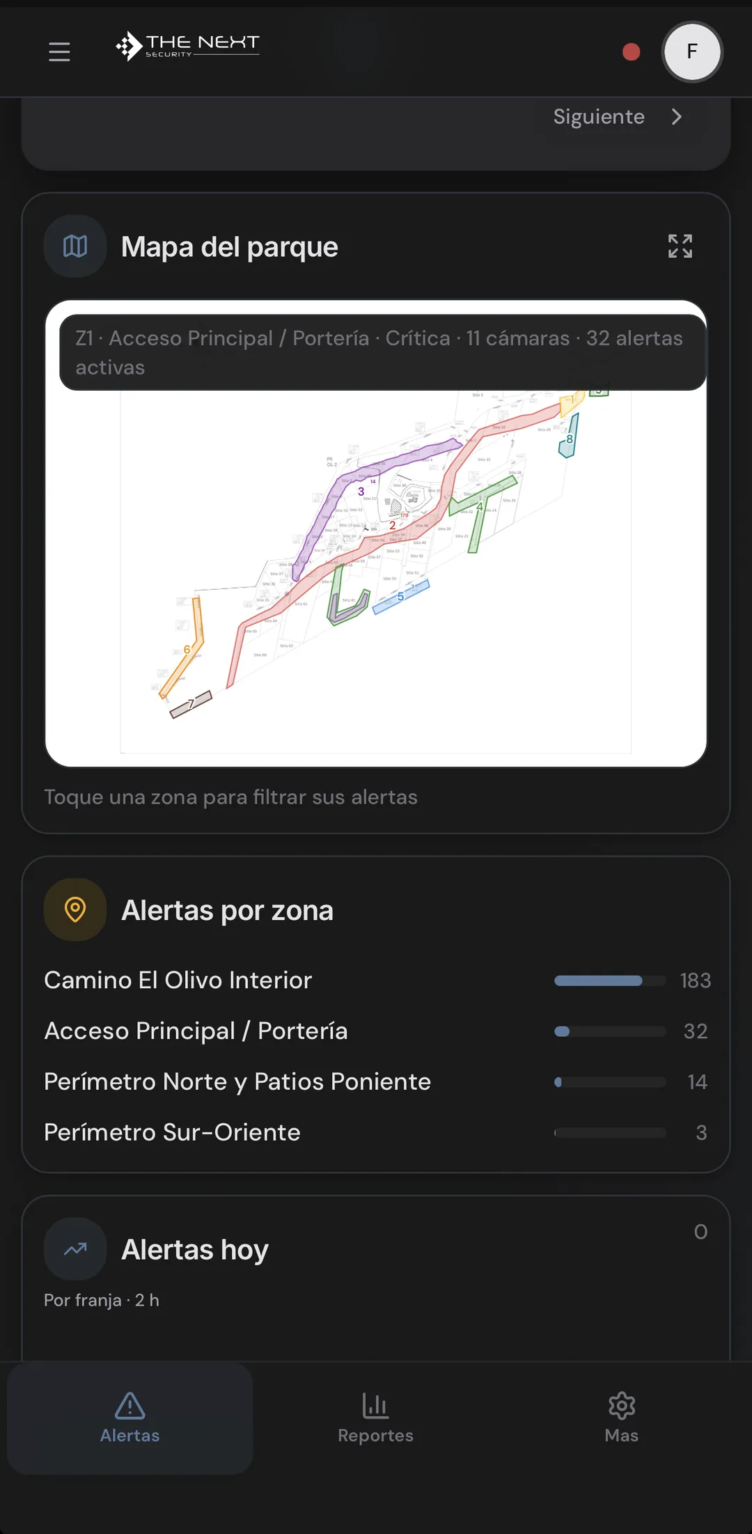 Plano del recinto con sus zonas y el número de alertas por zona.