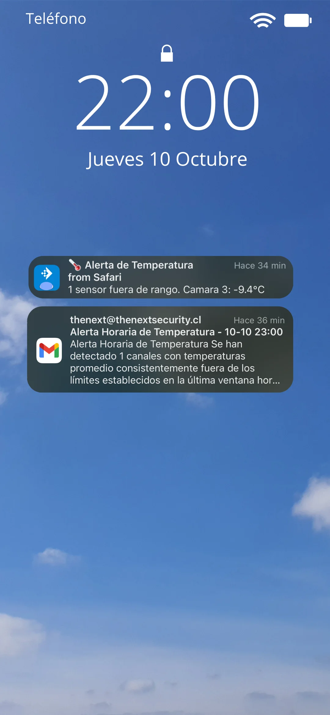 Pantalla de bloqueo del celular con una alerta de temperatura que indica la cámara fuera de rango y su temperatura, y un correo de alerta horaria.